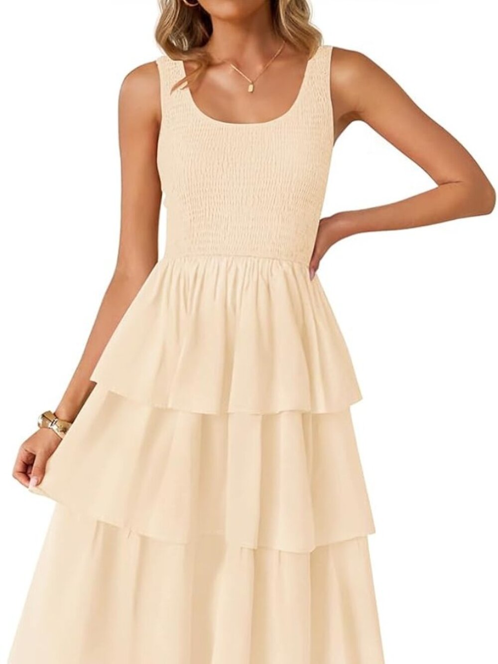 Womens Smocked Tiered Maxi Dress - Cream - M